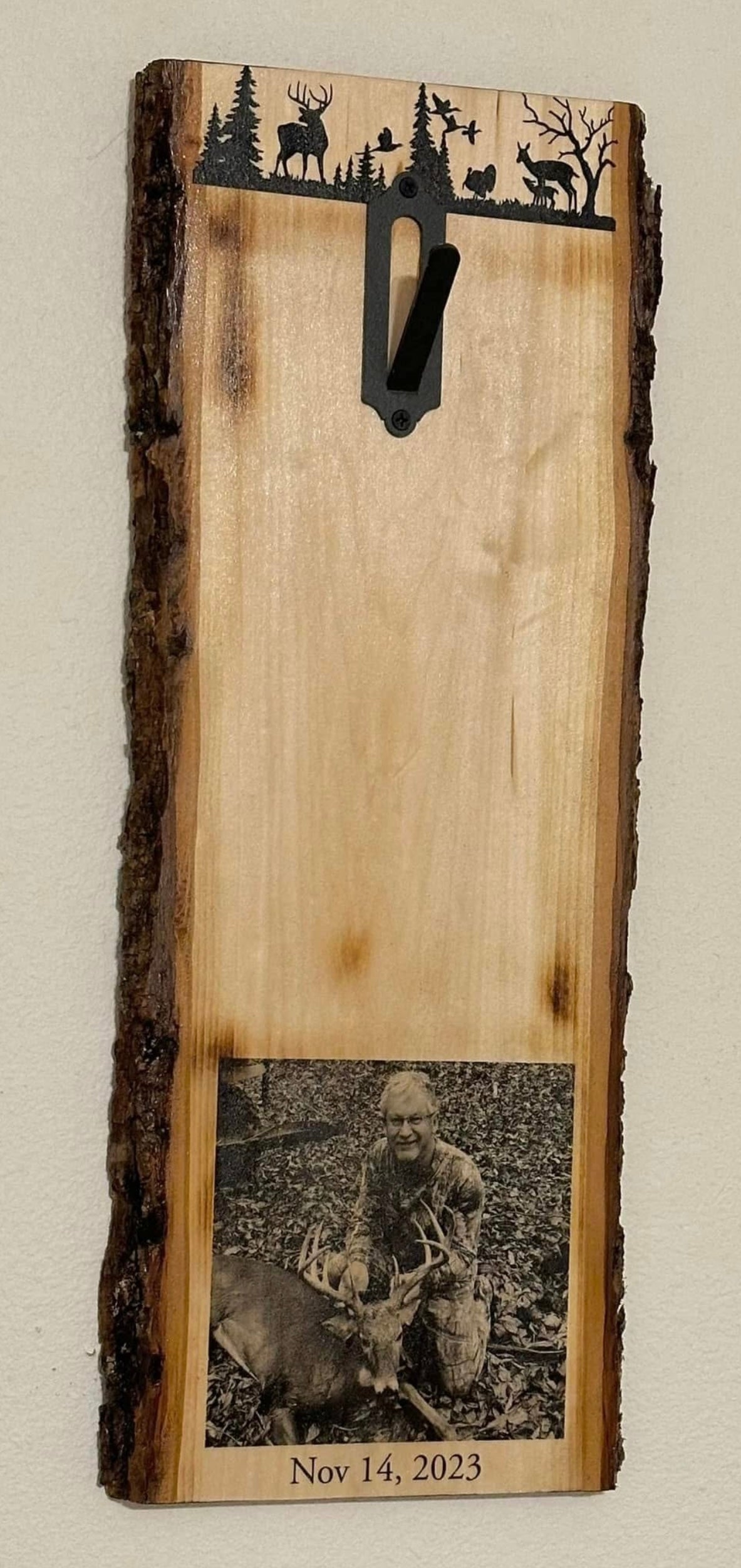 Custom Euro Display Laser Burned Live Edge Wood With Photo And Text Burned In And Easy Skull Hanger